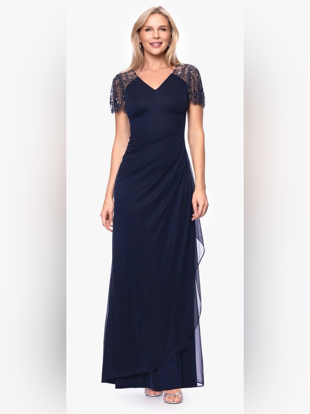 Xscape “Lana” Sheer Matte Jersey Beaded Fluttered Sleeve Dress